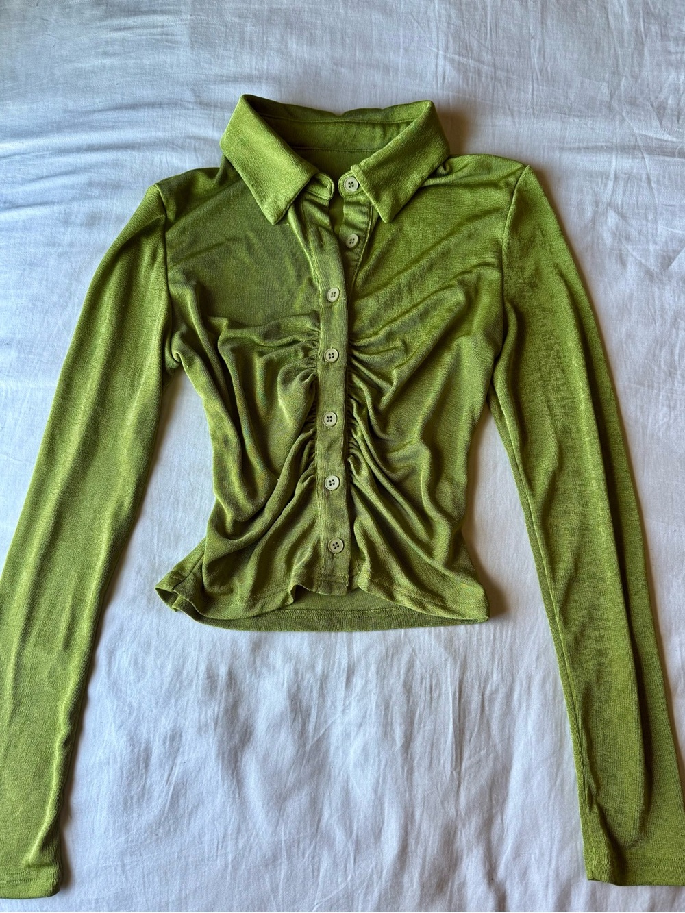 Y2K Stretchy Long Sleeve Ruched Button-Front Top in Chartreuse Green
